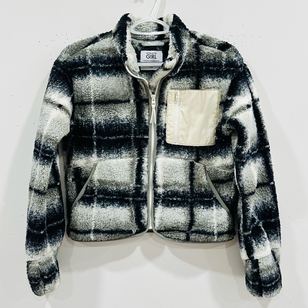 Athleta Girl So Toasty Fleece Jacket Black White Plaid Sherpa Zip Up Size L/12